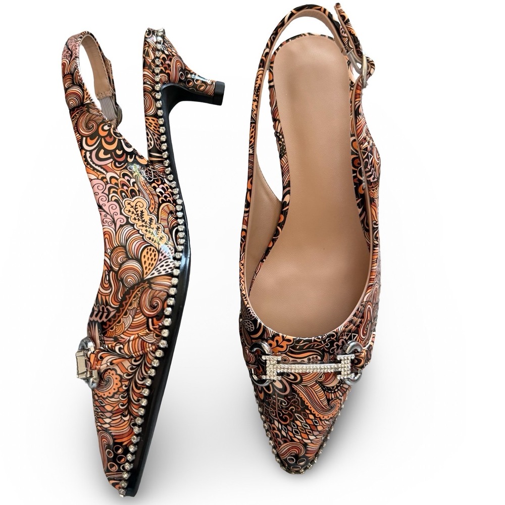 Paisley Rhinestone Slingback Kitten Heels Pointed Toe Jeweled Horsebit US Sz 6